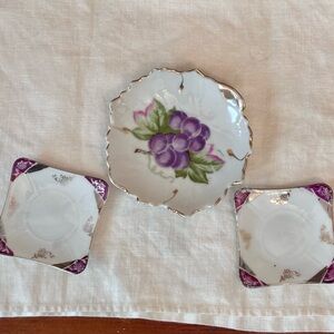 Elegant Purple Floral Porcelain Plate Set and Leaf Shaped Dish